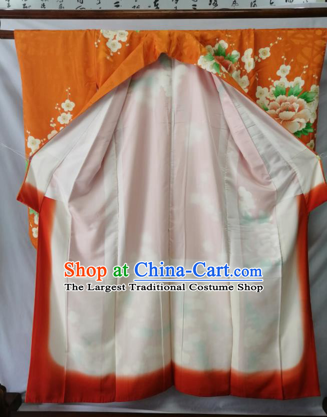 Japan Traditional Peony Pattern Furisode Kimono Clothing Court Woman Garment Costume Kyoto Orange Silk Yukata Dress