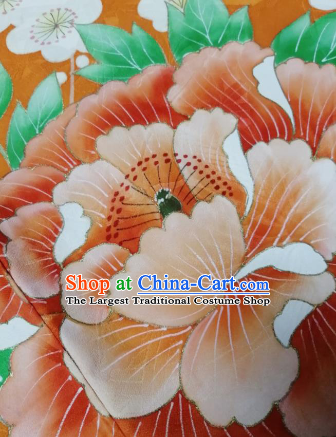 Japan Traditional Peony Pattern Furisode Kimono Clothing Court Woman Garment Costume Kyoto Orange Silk Yukata Dress