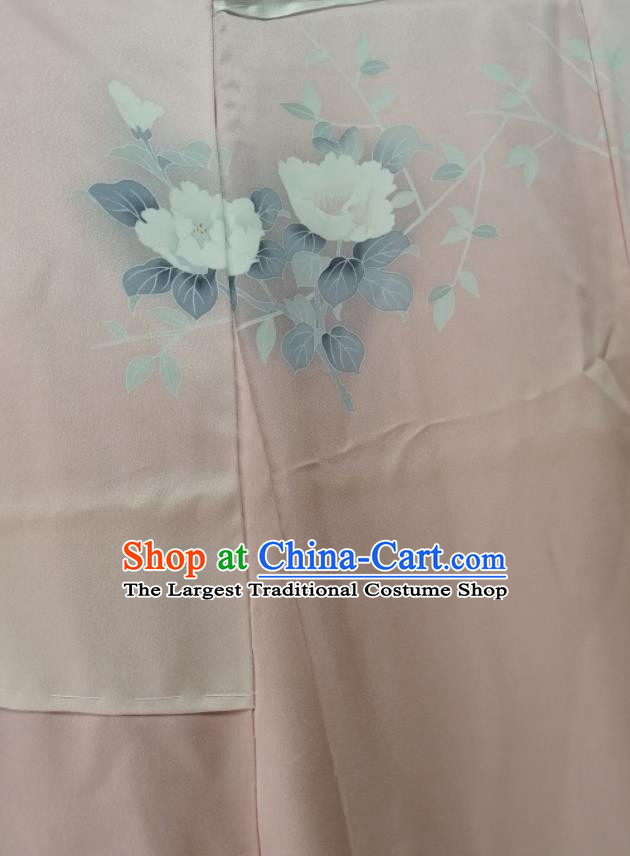 Japan Young Woman Garment Costume Kyoto Printing Pink Yukata Dress Traditional Peony Pattern Tsukesage Kimono Clothing