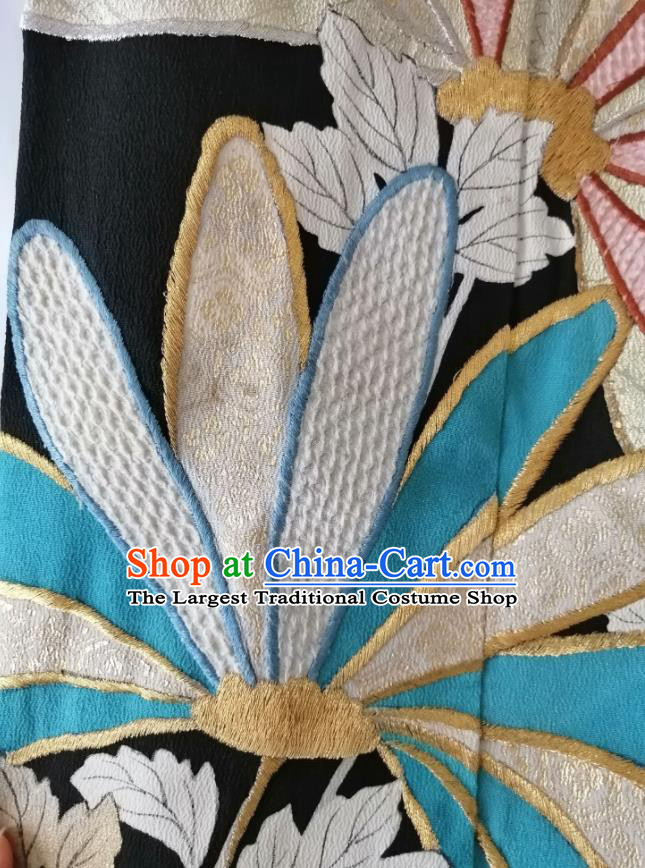 Japanese Royal Embroidered Pattern Apparel Male Kurotomesode Kimono Clothing Traditional Black Yukata Robe