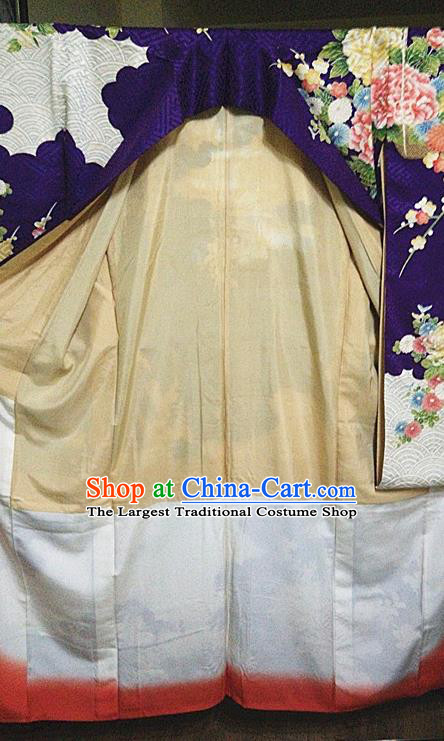 Japan Traditional Peony Pattern Furisode Kimono Clothing Royal Empress Wafuku Garment Costume Tokyo Purple Silk Yukata Dress