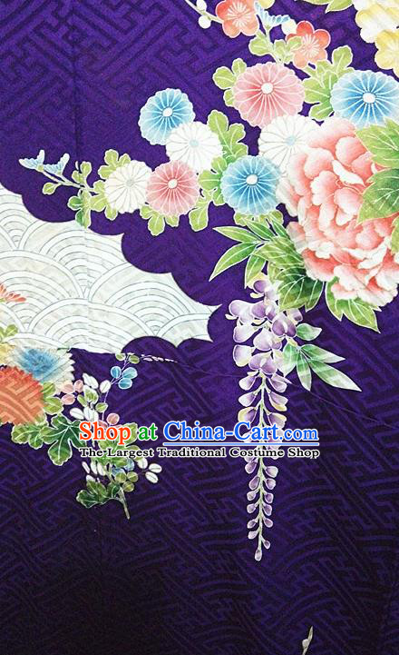 Japan Traditional Peony Pattern Furisode Kimono Clothing Royal Empress Wafuku Garment Costume Tokyo Purple Silk Yukata Dress
