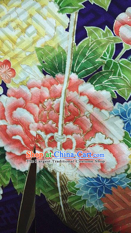 Japan Traditional Peony Pattern Furisode Kimono Clothing Royal Empress Wafuku Garment Costume Tokyo Purple Silk Yukata Dress