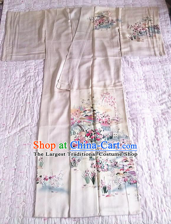 Japan Young Woman Wafuku Garment Costume Tokyo Beige Yukata Dress Traditional Landscape Pattern Homongi Kimono Clothing