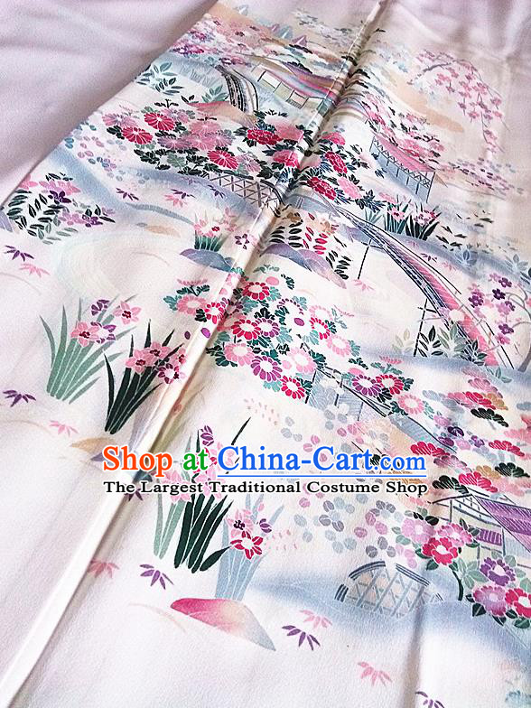 Japan Young Woman Wafuku Garment Costume Tokyo Beige Yukata Dress Traditional Landscape Pattern Homongi Kimono Clothing