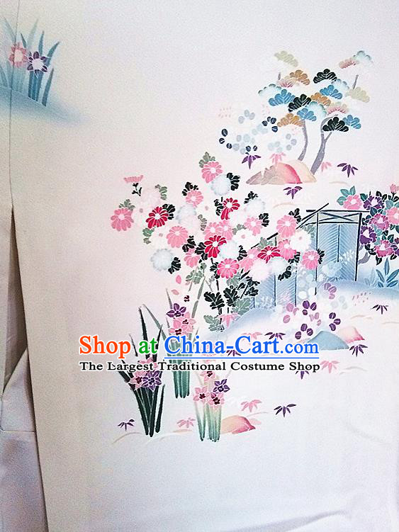 Japan Young Woman Wafuku Garment Costume Tokyo Beige Yukata Dress Traditional Landscape Pattern Homongi Kimono Clothing