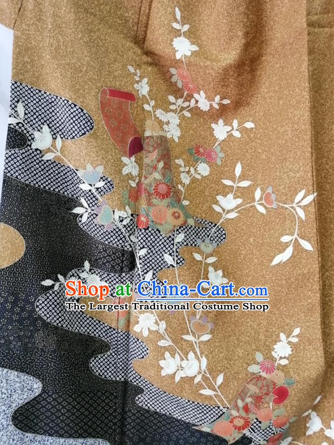 Japan Young Woman Garment Costume Kyoto Printing Ginger Yukata Dress Traditional Chrysanthemum Pattern Tsukesage Kimono Clothing