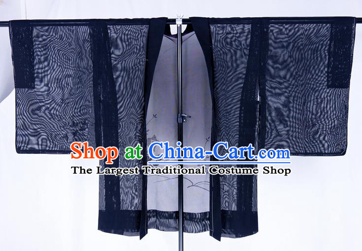 Japanese Traditional Black Silk Kimono Jacket Classical Platycodon Pattern Overcoat Apparel Male Haori Outer Garment Clothing