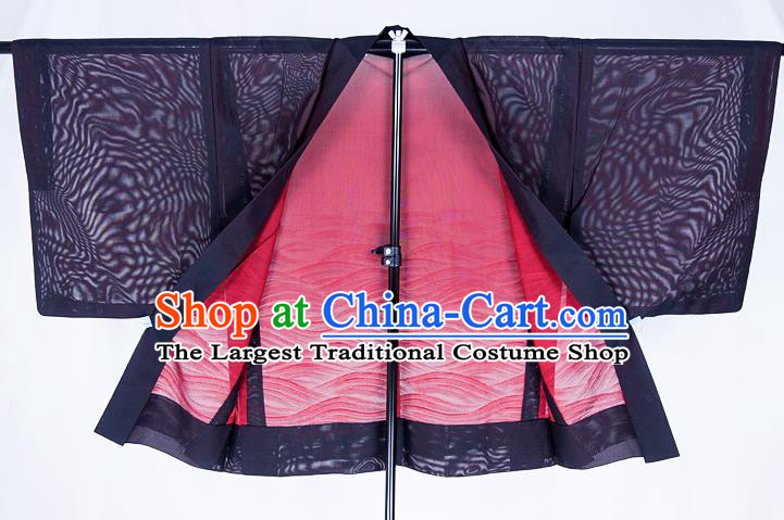 Japanese Traditional Kimono Overcoat Jacket Classical Waves Pattern Navy Silk Apparel Male Haori Outer Garment Clothing
