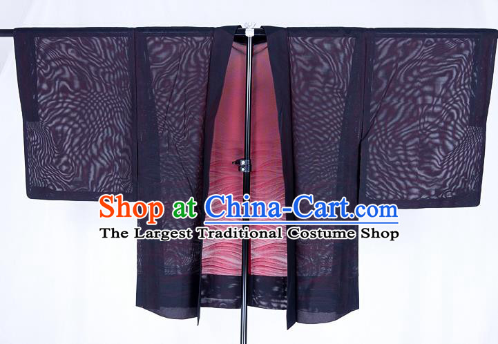 Japanese Traditional Kimono Overcoat Jacket Classical Waves Pattern Navy Silk Apparel Male Haori Outer Garment Clothing