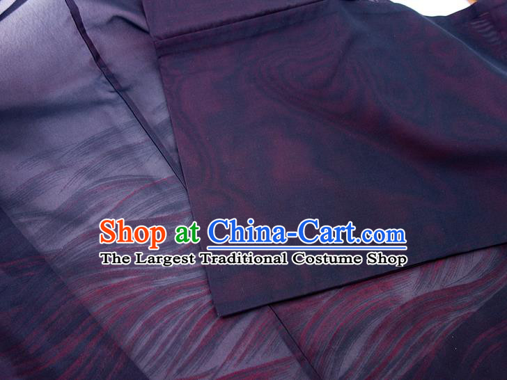 Japanese Traditional Kimono Overcoat Jacket Classical Waves Pattern Navy Silk Apparel Male Haori Outer Garment Clothing