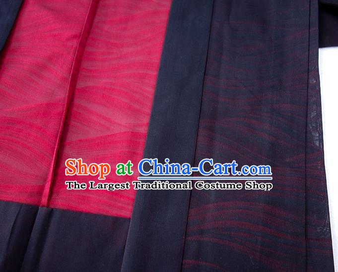 Japanese Traditional Kimono Overcoat Jacket Classical Waves Pattern Navy Silk Apparel Male Haori Outer Garment Clothing