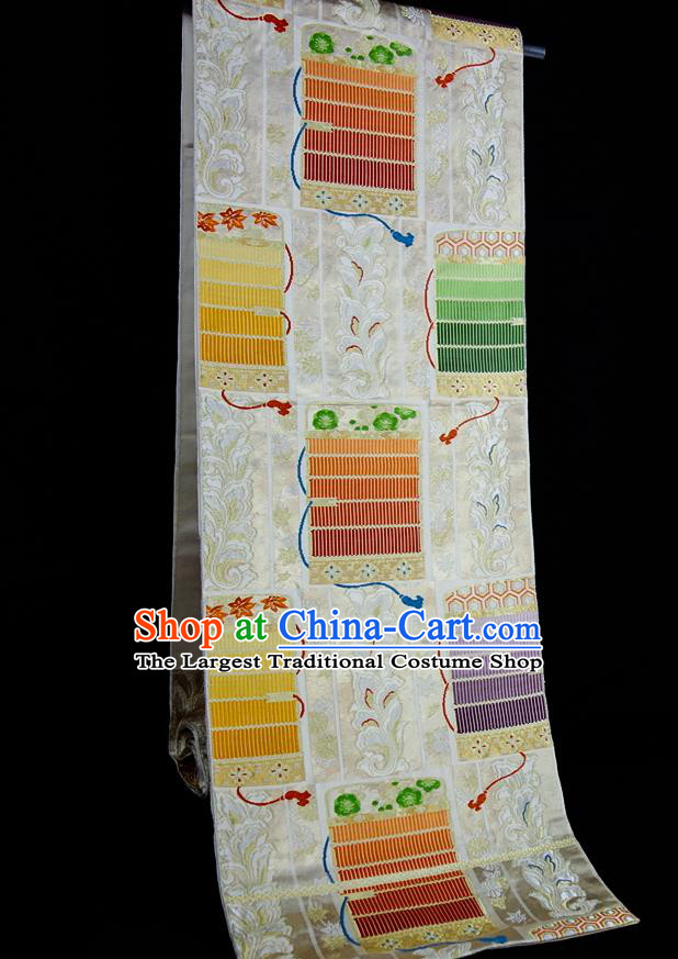Japanese Classical Pattern Wafuku Waistband Kimono Dress Corset Accessories Traditional Yukata Robe Beige Brocade Belt