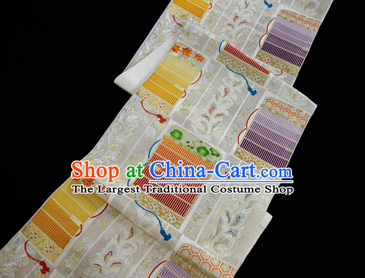 Japanese Classical Pattern Wafuku Waistband Kimono Dress Corset Accessories Traditional Yukata Robe Beige Brocade Belt