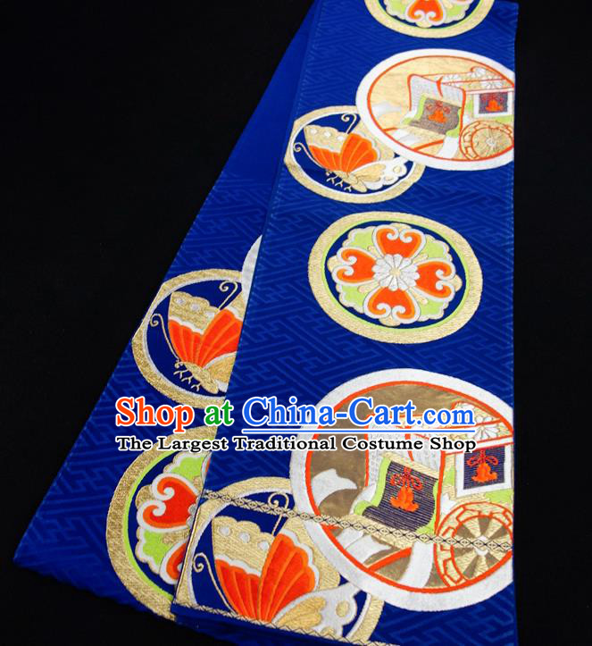 Japanese Traditional Yukata Robe Royalblue Brocade Belt Classical Butterfly Pattern Wafuku Waistband Kimono Dress Corset Accessories