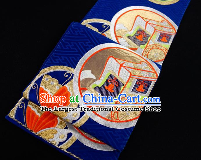 Japanese Traditional Yukata Robe Royalblue Brocade Belt Classical Butterfly Pattern Wafuku Waistband Kimono Dress Corset Accessories