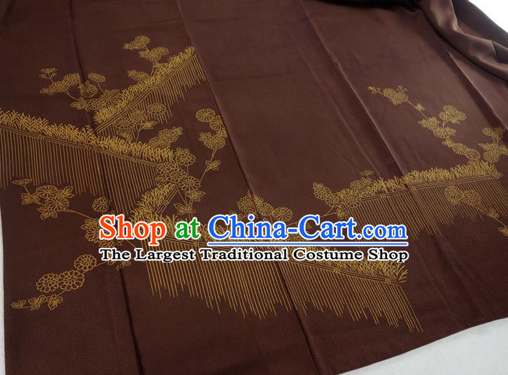 Japan Traditional Brown Yukata Dress Classical Chrysanthemum Pattern Tsukesage Kimono Clothing Court Woman Garment Costume