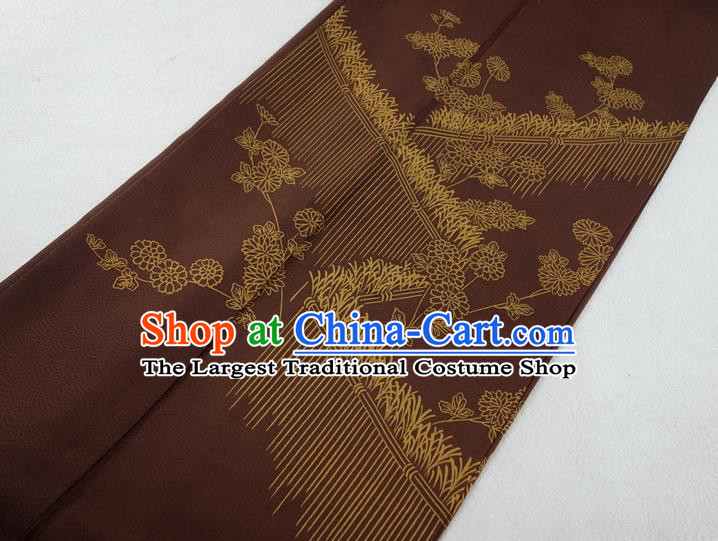 Japan Traditional Brown Yukata Dress Classical Chrysanthemum Pattern Tsukesage Kimono Clothing Court Woman Garment Costume