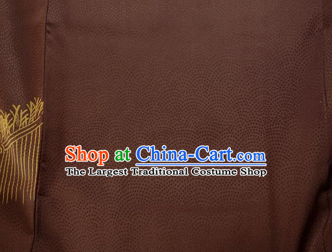 Japan Traditional Brown Yukata Dress Classical Chrysanthemum Pattern Tsukesage Kimono Clothing Court Woman Garment Costume