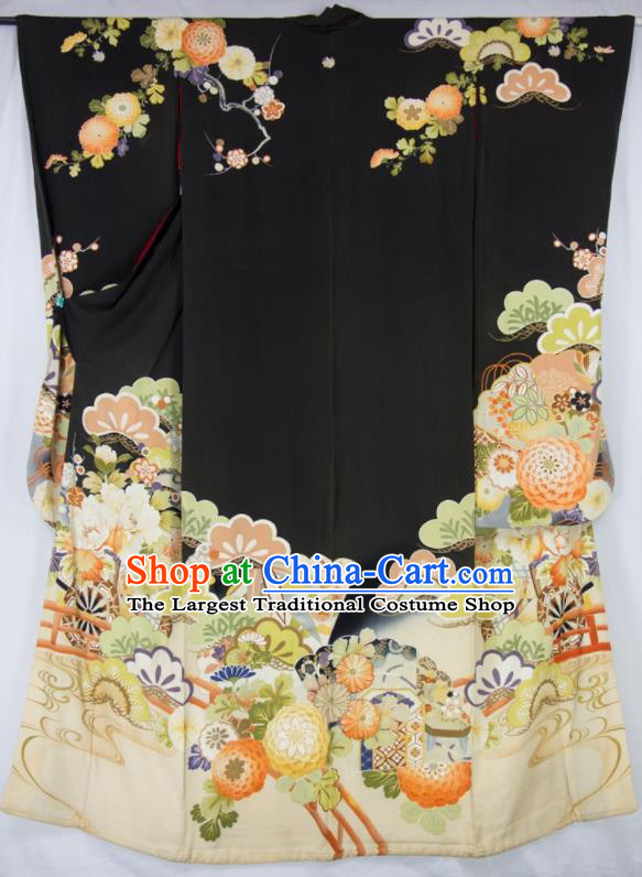 Japan Traditional Black Silk Yukata Dress Classical Chrysanthemum Pattern Furisode Kimono Clothing Wedding Bride Garment Costume