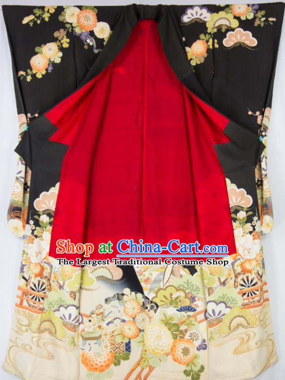 Japan Traditional Black Silk Yukata Dress Classical Chrysanthemum Pattern Furisode Kimono Clothing Wedding Bride Garment Costume
