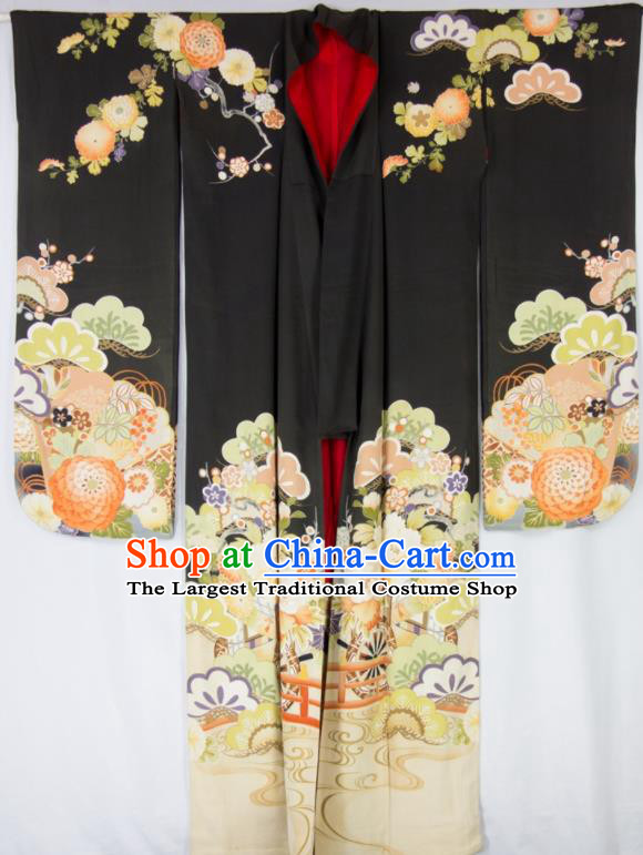 Japan Traditional Black Silk Yukata Dress Classical Chrysanthemum Pattern Furisode Kimono Clothing Wedding Bride Garment Costume