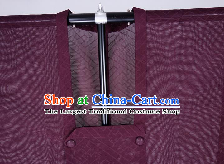 Japanese Traditional Kimono Outer Garment Classical Fret Pattern Purple Silk Overcoat Apparel Male Haori Jacket Clothing
