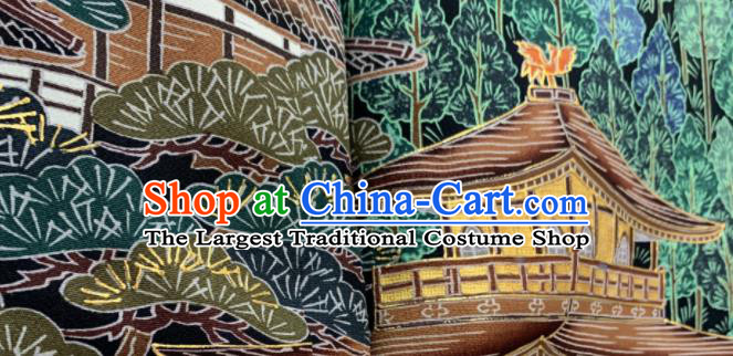 Japan Classical Landscape Pattern Kurotomesode Kimono Clothing Elderly Woman Garment Costume Traditional Printing Black Yukata Dress