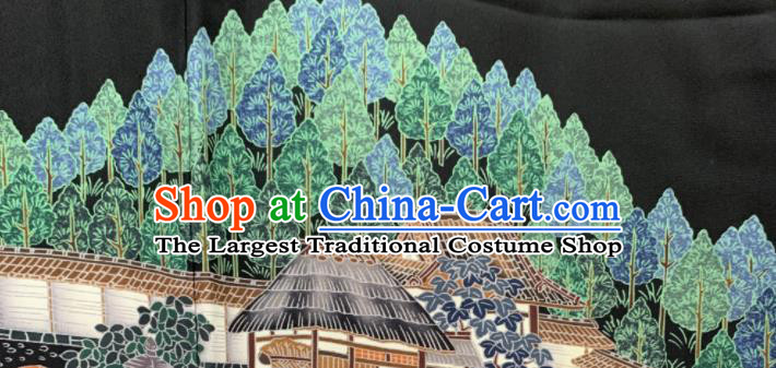Japan Classical Landscape Pattern Kurotomesode Kimono Clothing Elderly Woman Garment Costume Traditional Printing Black Yukata Dress