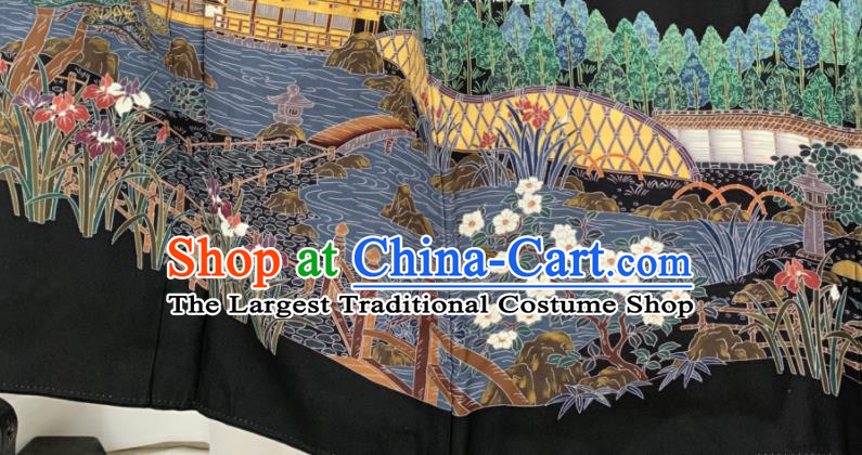 Japan Classical Landscape Pattern Kurotomesode Kimono Clothing Elderly Woman Garment Costume Traditional Printing Black Yukata Dress