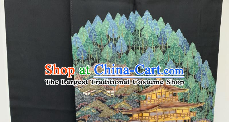 Japan Classical Landscape Pattern Kurotomesode Kimono Clothing Elderly Woman Garment Costume Traditional Printing Black Yukata Dress