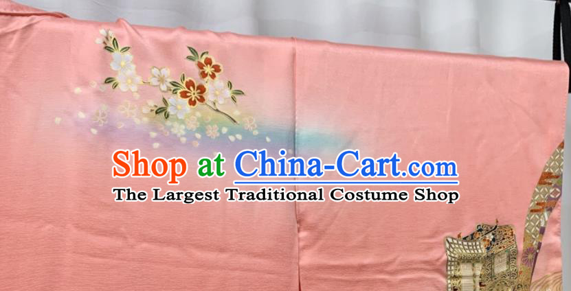 Japan Traditional Geisha Performance Pink Yukata Dress Classical Flowers Pattern Furisode Kimono Clothing Wedding Bride Garment Costume