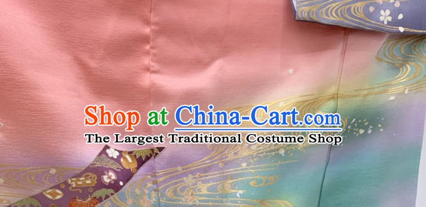 Japan Traditional Geisha Performance Pink Yukata Dress Classical Flowers Pattern Furisode Kimono Clothing Wedding Bride Garment Costume