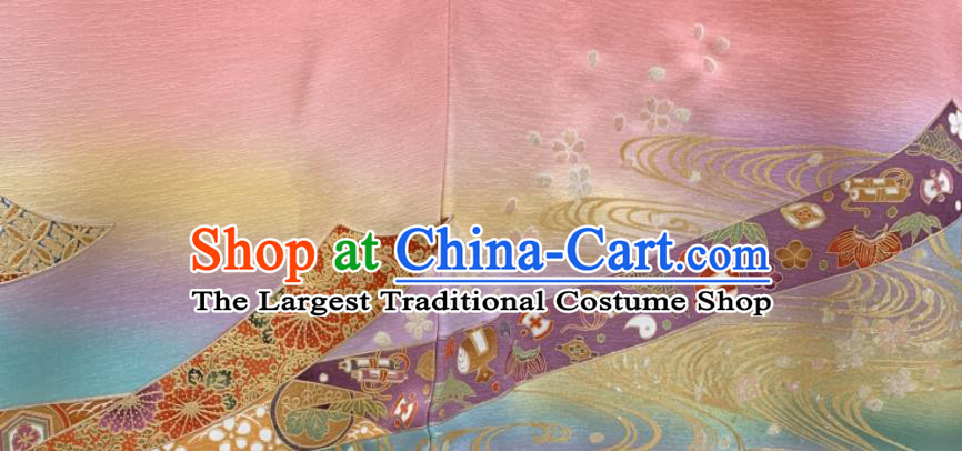 Japan Traditional Geisha Performance Pink Yukata Dress Classical Flowers Pattern Furisode Kimono Clothing Wedding Bride Garment Costume