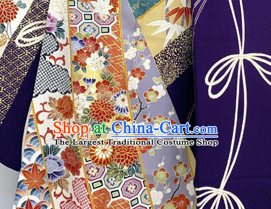 Japan Classical Flowers Pattern Furisode Kimono Clothing Wedding Bride Garment Costume Traditional Court Purple Yukata Dress