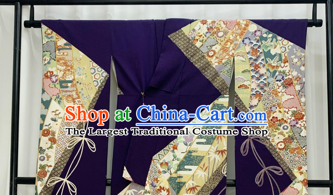 Japan Classical Flowers Pattern Furisode Kimono Clothing Wedding Bride Garment Costume Traditional Court Purple Yukata Dress
