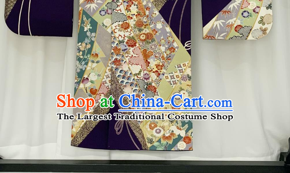 Japan Classical Flowers Pattern Furisode Kimono Clothing Wedding Bride Garment Costume Traditional Court Purple Yukata Dress