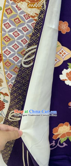 Japan Classical Flowers Pattern Furisode Kimono Clothing Wedding Bride Garment Costume Traditional Court Purple Yukata Dress