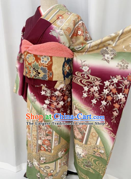 Japan Geisha Garment Costume Traditional Court Queen Wine Red Yukata Dress Classical Flowers Pattern Furisode Kimono Clothing