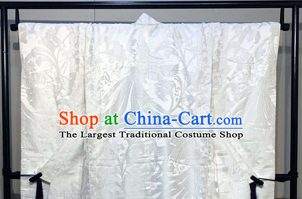 Japan Traditional Wedding White Silk Yukata Dress Classical Phoenix Pattern Shiromuku Kimono Clothing Court Bride Garment Costume