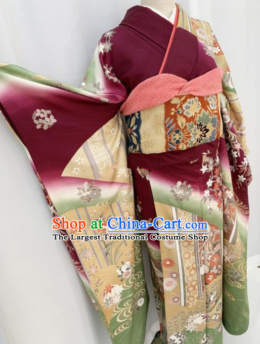 Japan Geisha Garment Costume Traditional Court Queen Wine Red Yukata Dress Classical Flowers Pattern Furisode Kimono Clothing