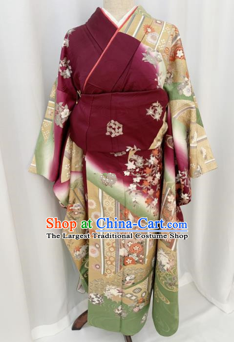 Japan Geisha Garment Costume Traditional Court Queen Wine Red Yukata Dress Classical Flowers Pattern Furisode Kimono Clothing