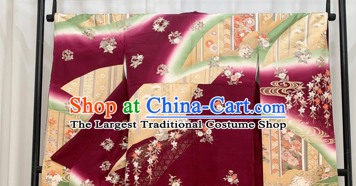 Japan Geisha Garment Costume Traditional Court Queen Wine Red Yukata Dress Classical Flowers Pattern Furisode Kimono Clothing