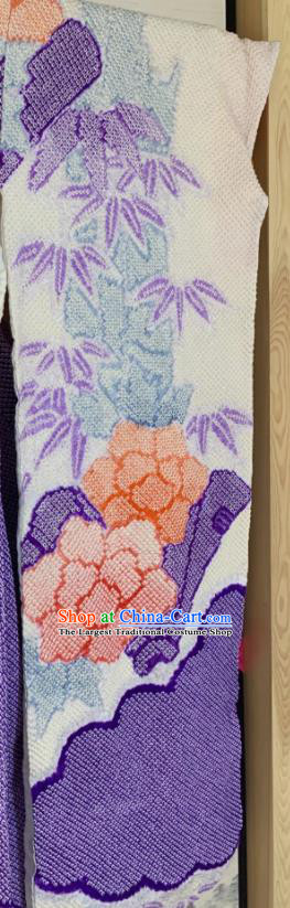 Japan Wedding Bride Garment Costume Traditional Geisha Purple Yukata Dress Classical Peony Bamboo Pattern Furisode Kimono Clothing