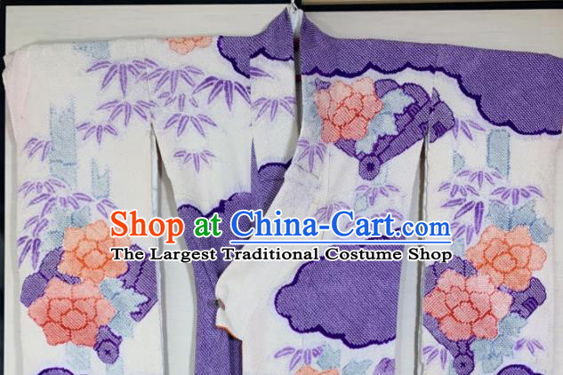 Japan Wedding Bride Garment Costume Traditional Geisha Purple Yukata Dress Classical Peony Bamboo Pattern Furisode Kimono Clothing