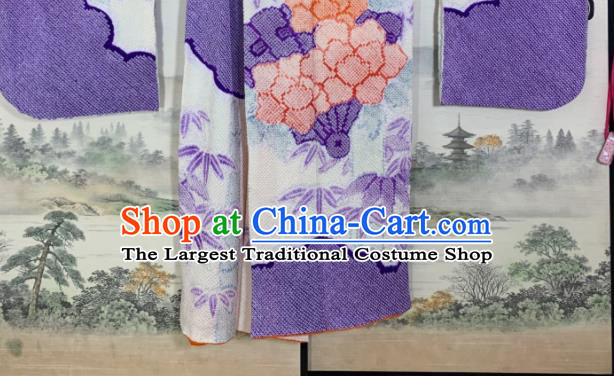 Japan Wedding Bride Garment Costume Traditional Geisha Purple Yukata Dress Classical Peony Bamboo Pattern Furisode Kimono Clothing