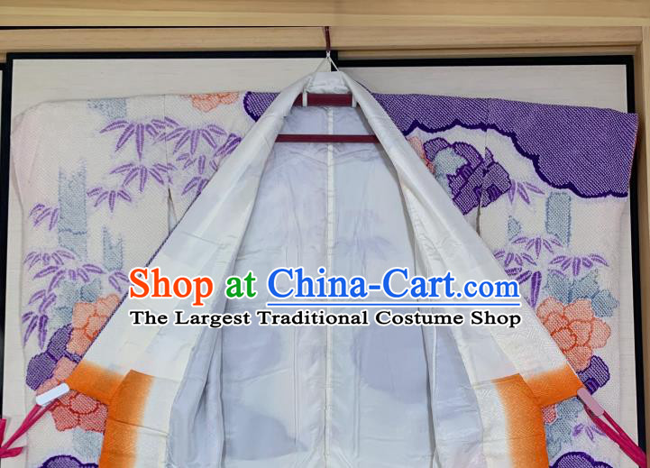 Japan Wedding Bride Garment Costume Traditional Geisha Purple Yukata Dress Classical Peony Bamboo Pattern Furisode Kimono Clothing