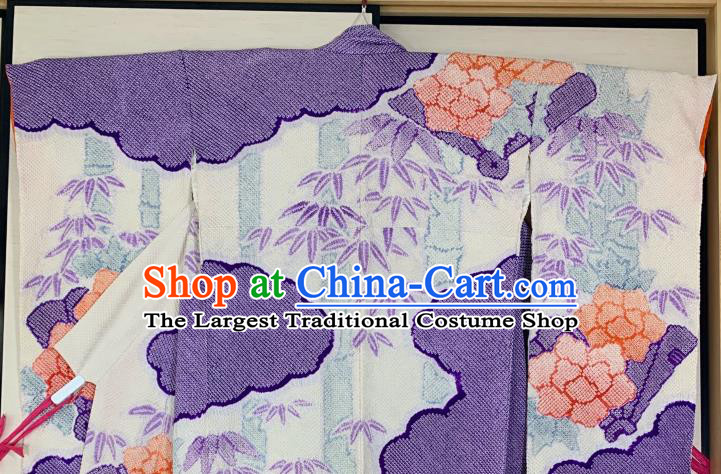 Japan Wedding Bride Garment Costume Traditional Geisha Purple Yukata Dress Classical Peony Bamboo Pattern Furisode Kimono Clothing