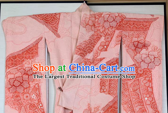 Japan Classical Peony Pattern Furisode Kimono Clothing Wedding Bride Garment Costume Traditional Geisha Pink Yukata Dress