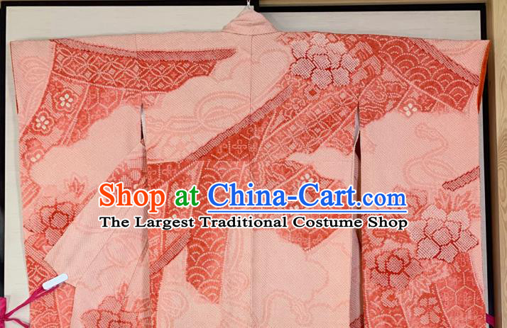Japan Classical Peony Pattern Furisode Kimono Clothing Wedding Bride Garment Costume Traditional Geisha Pink Yukata Dress